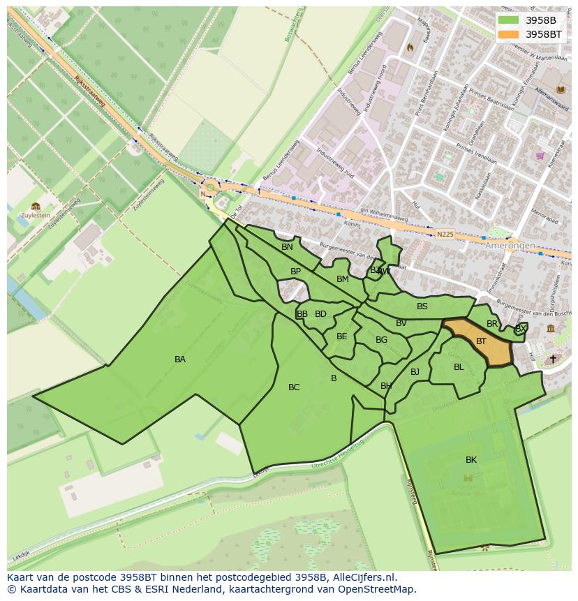 Afbeelding van het postcodegebied 3958 BT op de kaart.