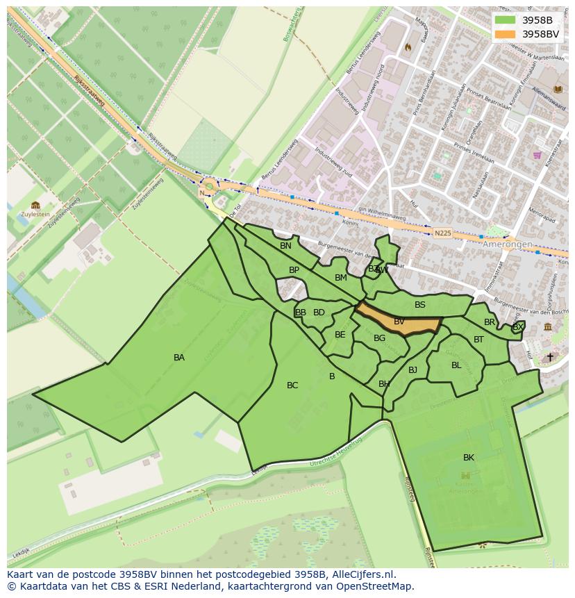 Afbeelding van het postcodegebied 3958 BV op de kaart.