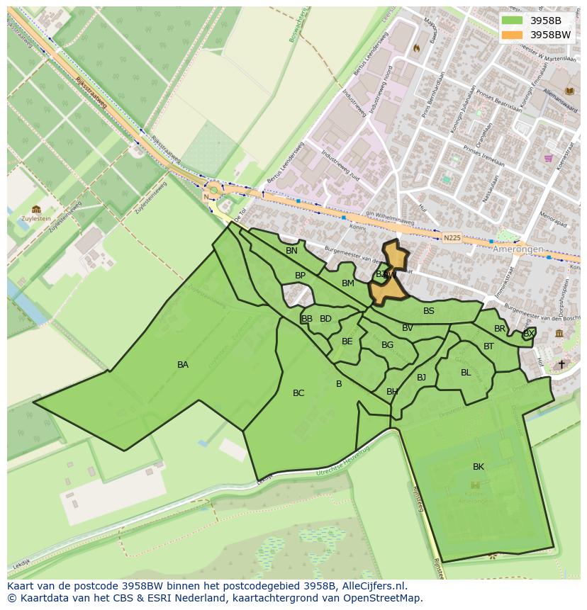 Afbeelding van het postcodegebied 3958 BW op de kaart.
