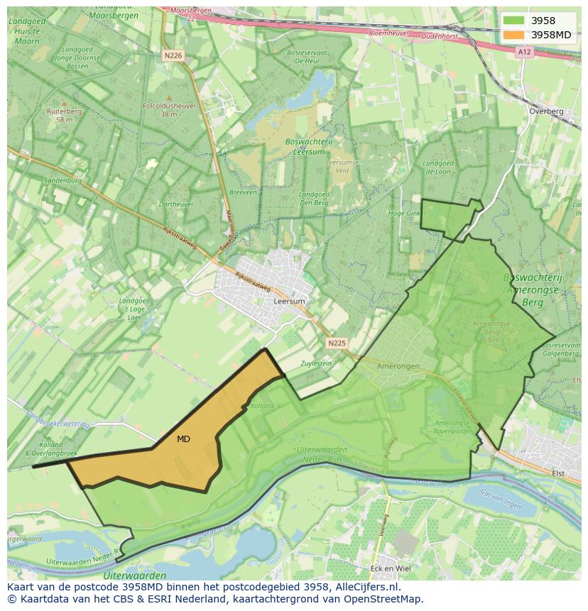 Afbeelding van het postcodegebied 3958 MD op de kaart.