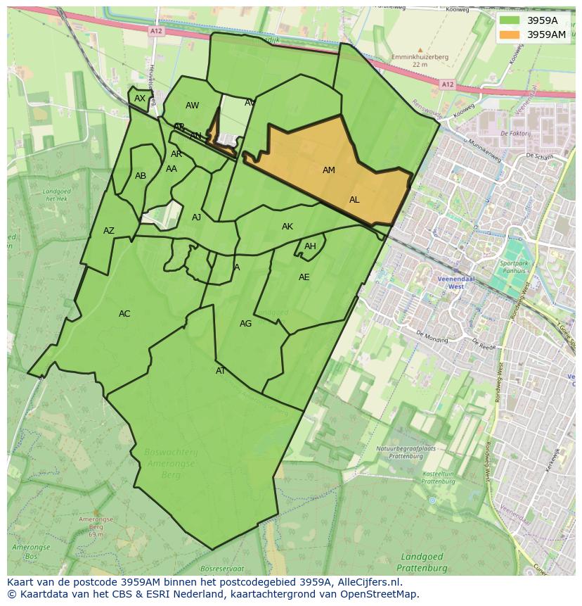 Afbeelding van het postcodegebied 3959 AM op de kaart.