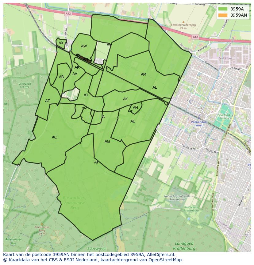 Afbeelding van het postcodegebied 3959 AN op de kaart.