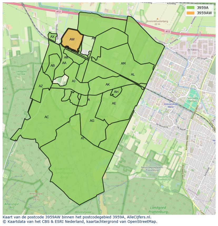 Afbeelding van het postcodegebied 3959 AW op de kaart.