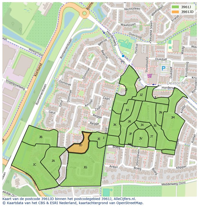 Afbeelding van het postcodegebied 3961 JD op de kaart.