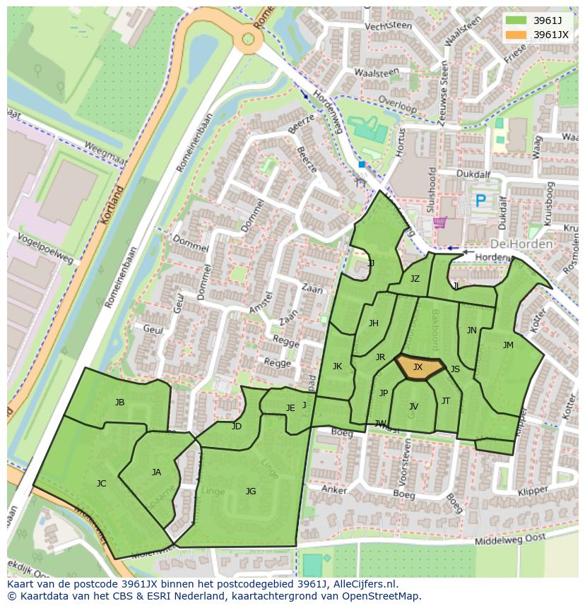 Afbeelding van het postcodegebied 3961 JX op de kaart.