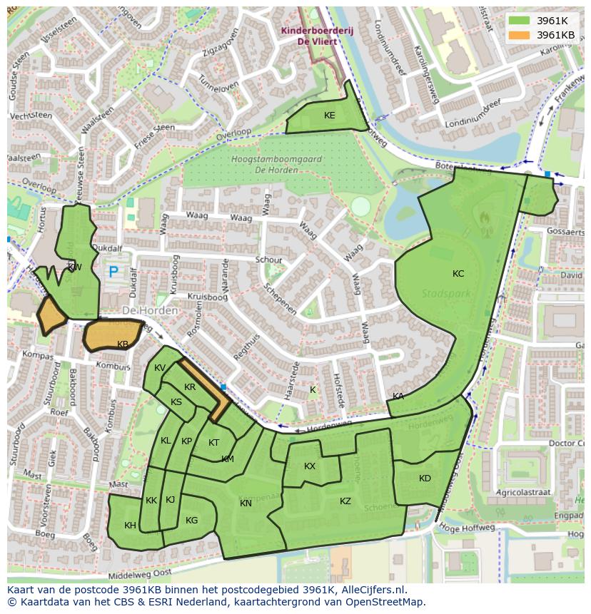 Afbeelding van het postcodegebied 3961 KB op de kaart.