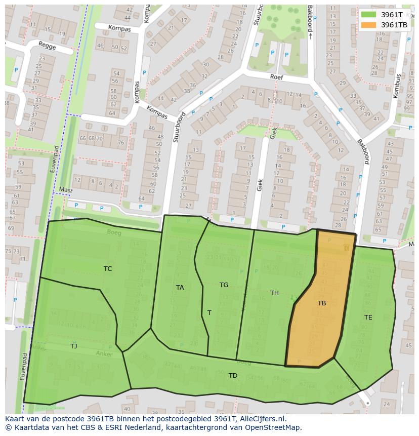 Afbeelding van het postcodegebied 3961 TB op de kaart.