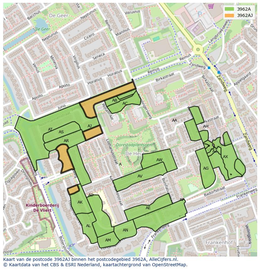 Afbeelding van het postcodegebied 3962 AJ op de kaart.