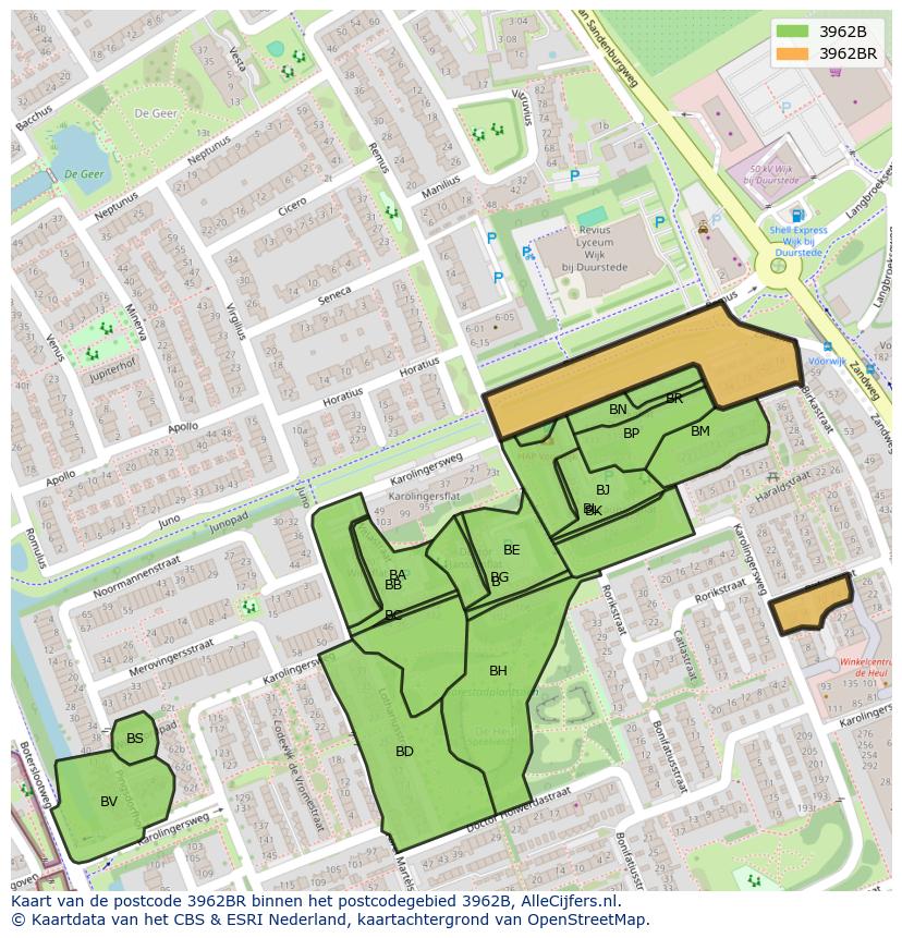 Afbeelding van het postcodegebied 3962 BR op de kaart.