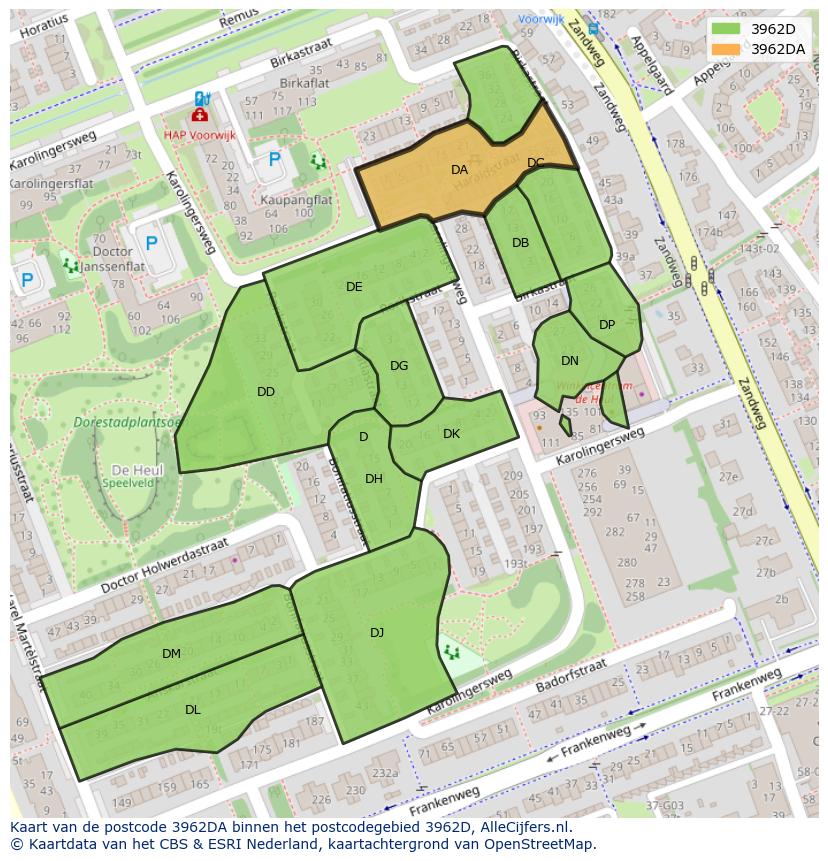 Afbeelding van het postcodegebied 3962 DA op de kaart.