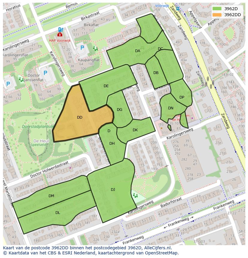 Afbeelding van het postcodegebied 3962 DD op de kaart.