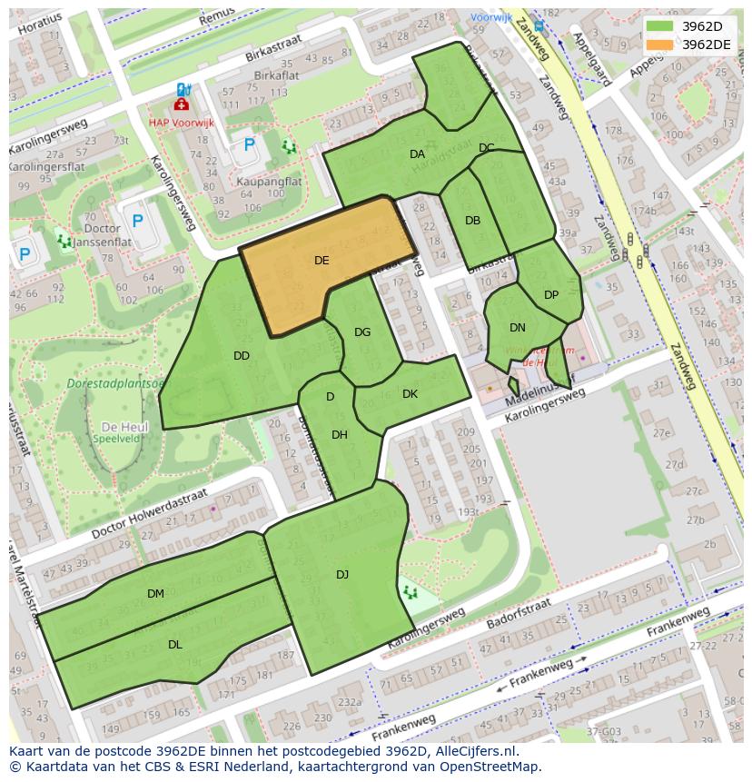 Afbeelding van het postcodegebied 3962 DE op de kaart.