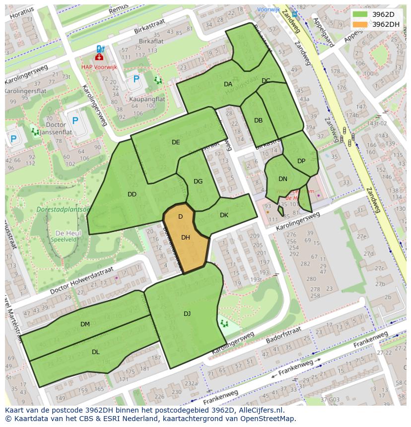 Afbeelding van het postcodegebied 3962 DH op de kaart.