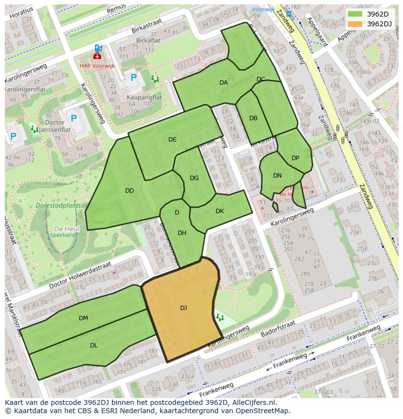 Afbeelding van het postcodegebied 3962 DJ op de kaart.