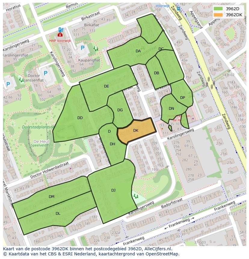 Afbeelding van het postcodegebied 3962 DK op de kaart.