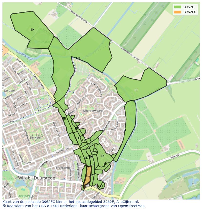 Afbeelding van het postcodegebied 3962 EC op de kaart.