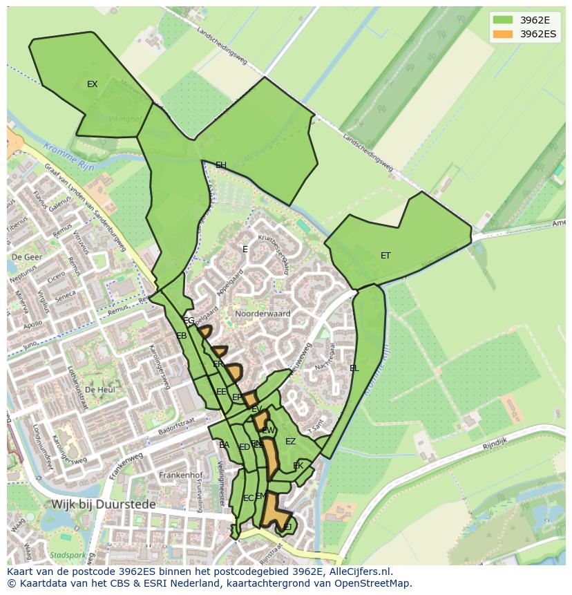 Afbeelding van het postcodegebied 3962 ES op de kaart.