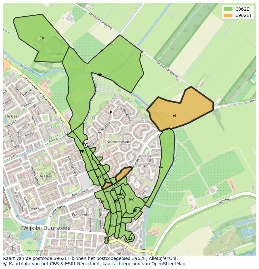 Afbeelding van het postcodegebied 3962 ET op de kaart.