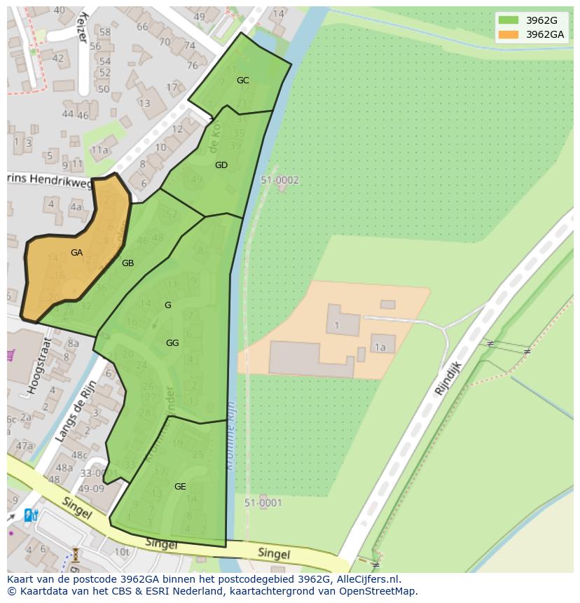 Afbeelding van het postcodegebied 3962 GA op de kaart.