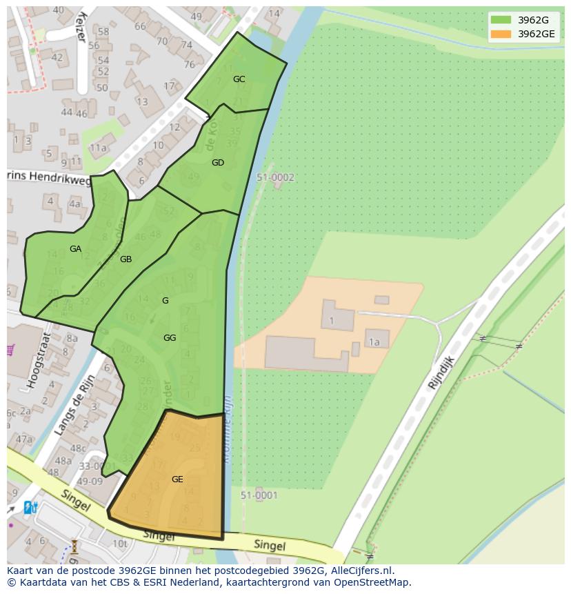 Afbeelding van het postcodegebied 3962 GE op de kaart.