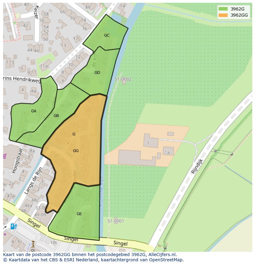 Afbeelding van het postcodegebied 3962 GG op de kaart.