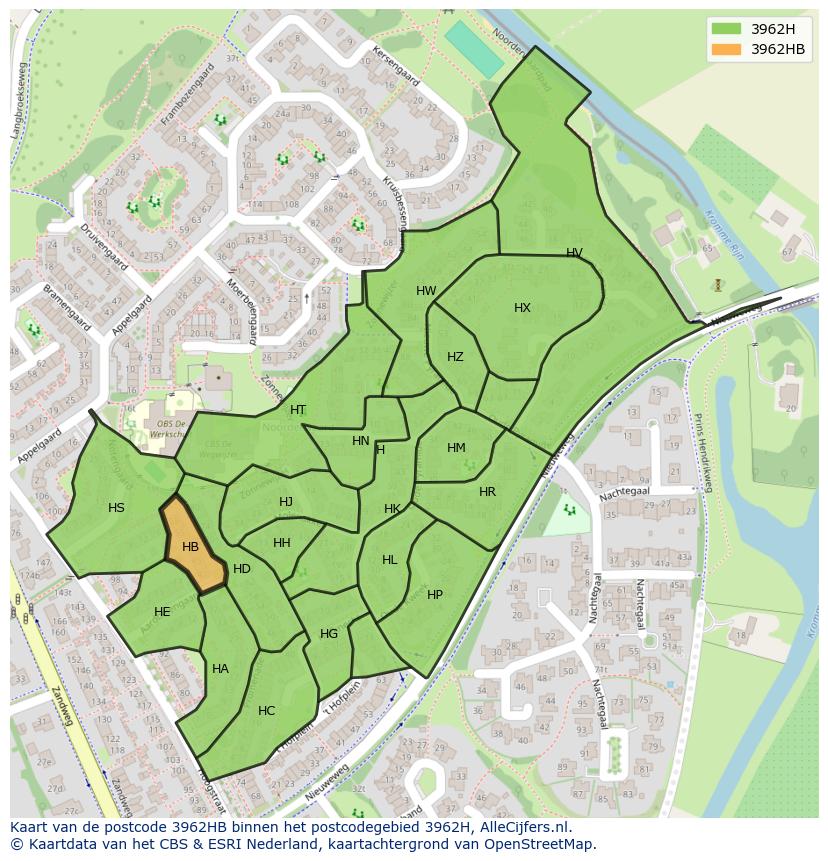 Afbeelding van het postcodegebied 3962 HB op de kaart.