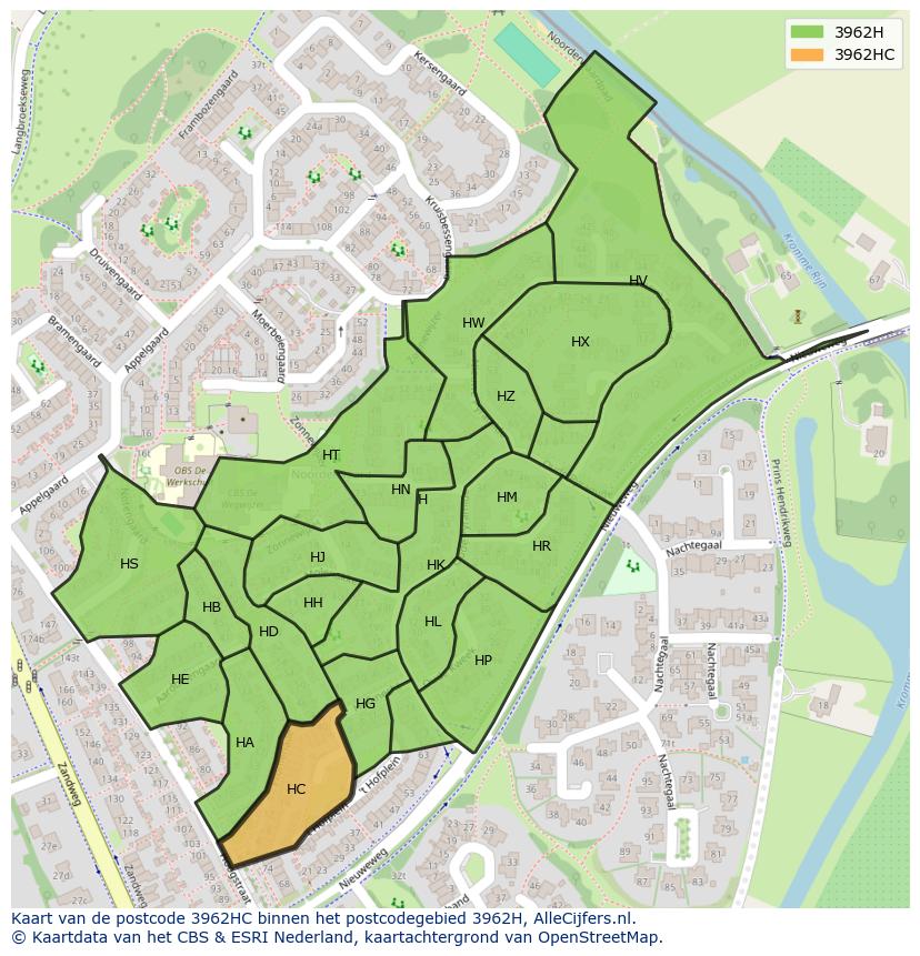 Afbeelding van het postcodegebied 3962 HC op de kaart.