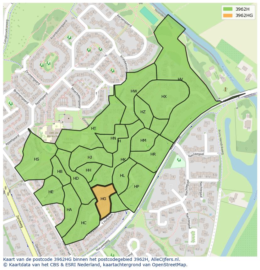 Afbeelding van het postcodegebied 3962 HG op de kaart.