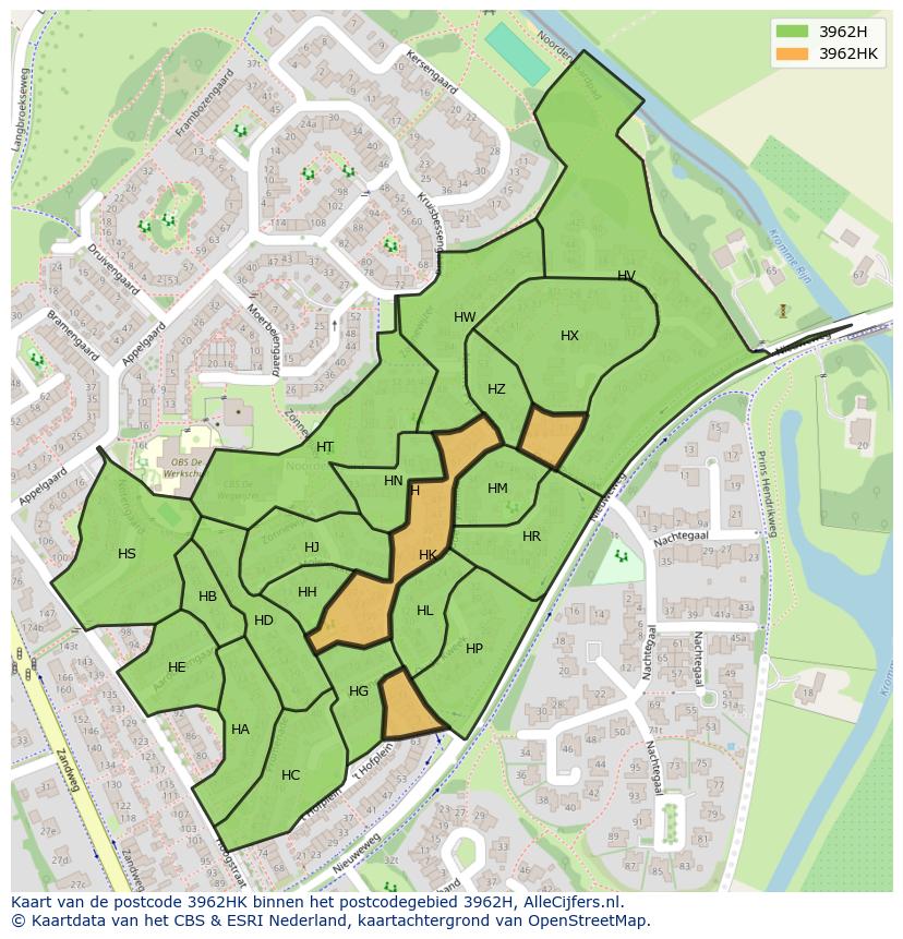 Afbeelding van het postcodegebied 3962 HK op de kaart.
