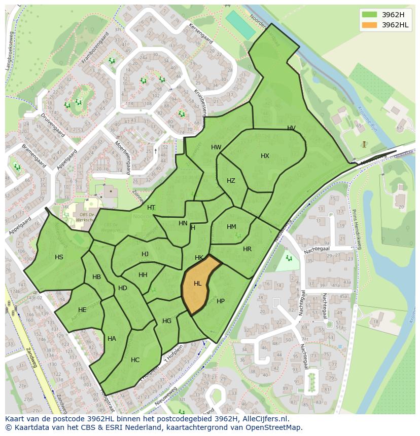 Afbeelding van het postcodegebied 3962 HL op de kaart.