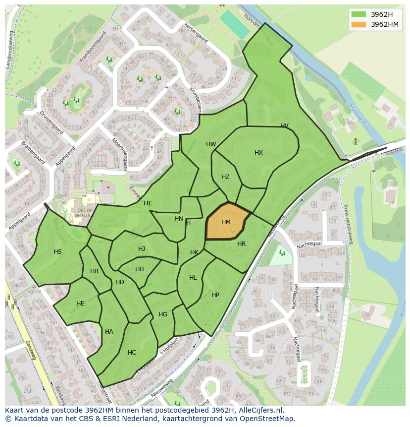 Afbeelding van het postcodegebied 3962 HM op de kaart.