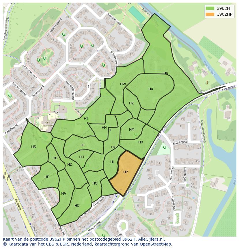 Afbeelding van het postcodegebied 3962 HP op de kaart.