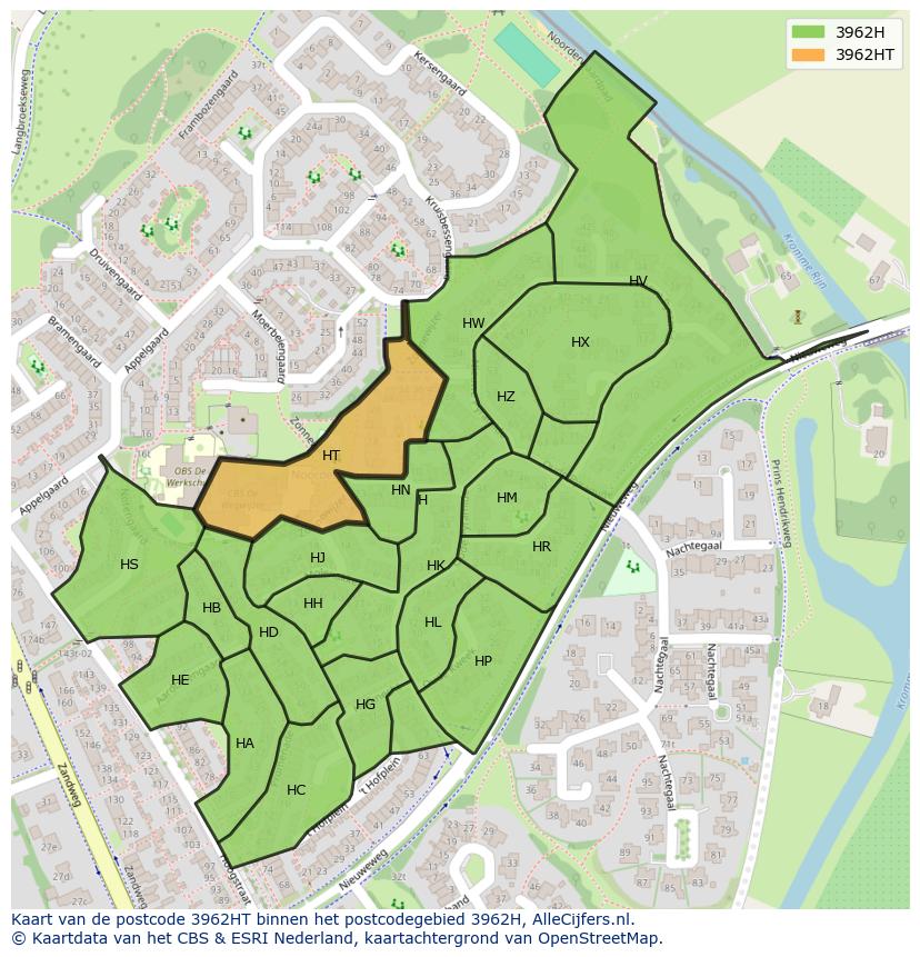 Afbeelding van het postcodegebied 3962 HT op de kaart.