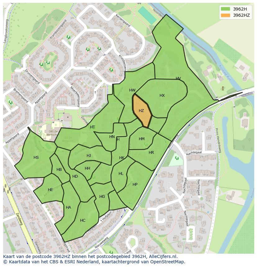 Afbeelding van het postcodegebied 3962 HZ op de kaart.