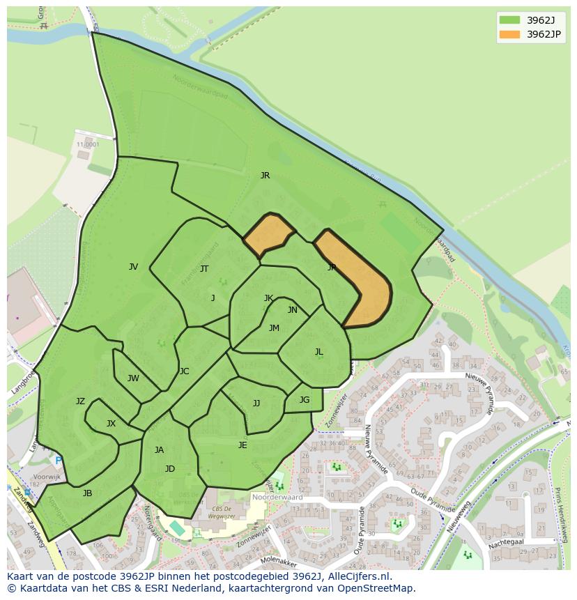 Afbeelding van het postcodegebied 3962 JP op de kaart.