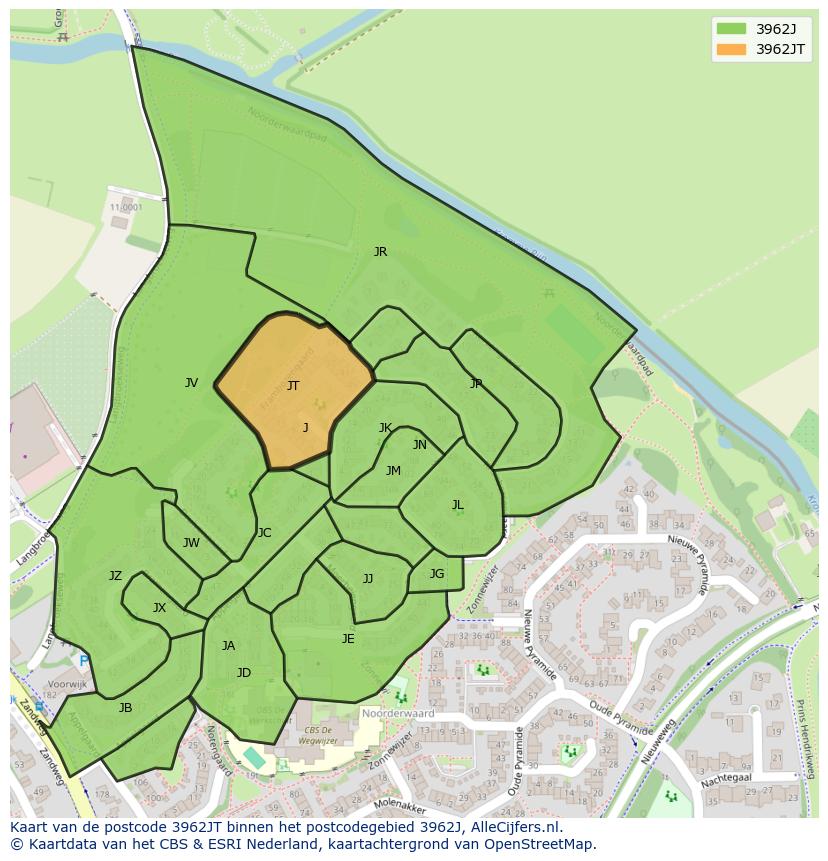 Afbeelding van het postcodegebied 3962 JT op de kaart.