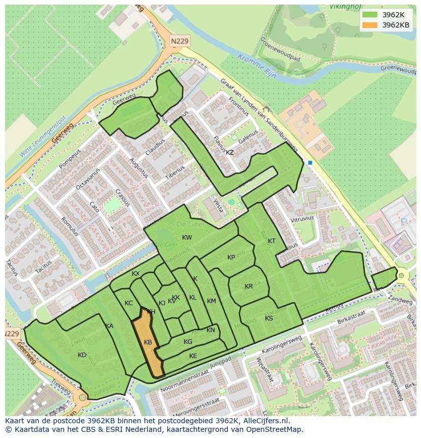 Afbeelding van het postcodegebied 3962 KB op de kaart.
