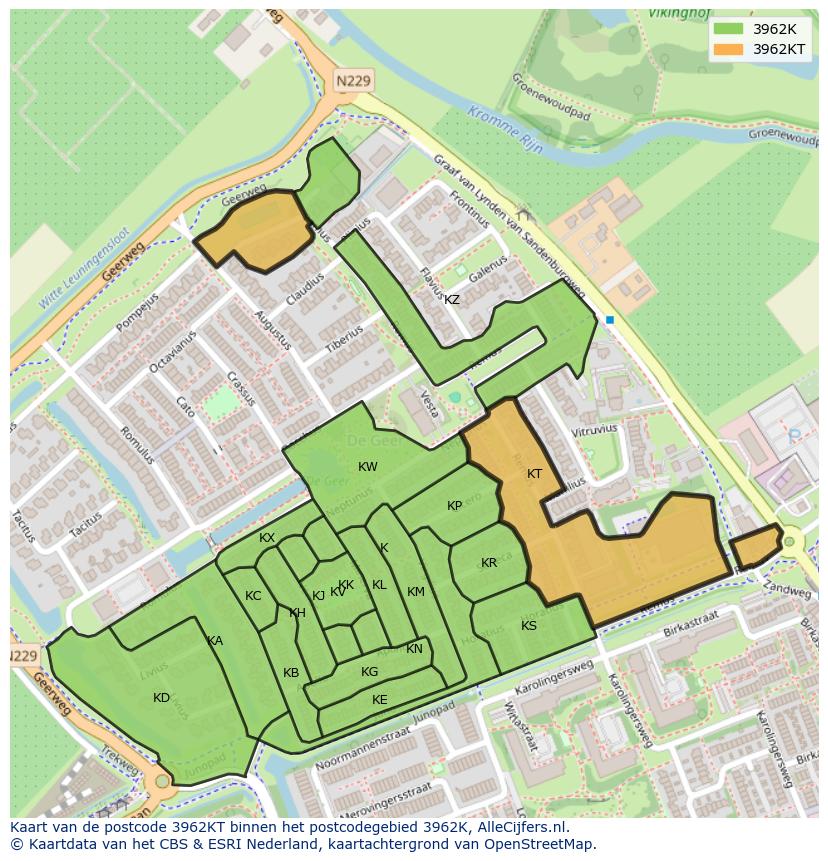 Afbeelding van het postcodegebied 3962 KT op de kaart.