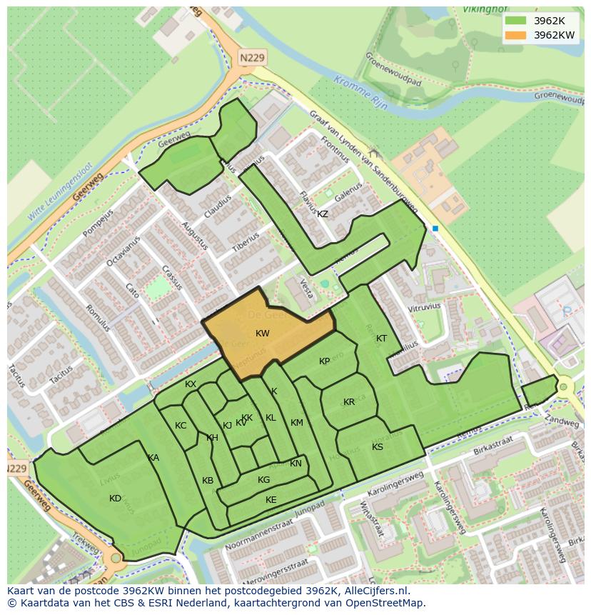 Afbeelding van het postcodegebied 3962 KW op de kaart.