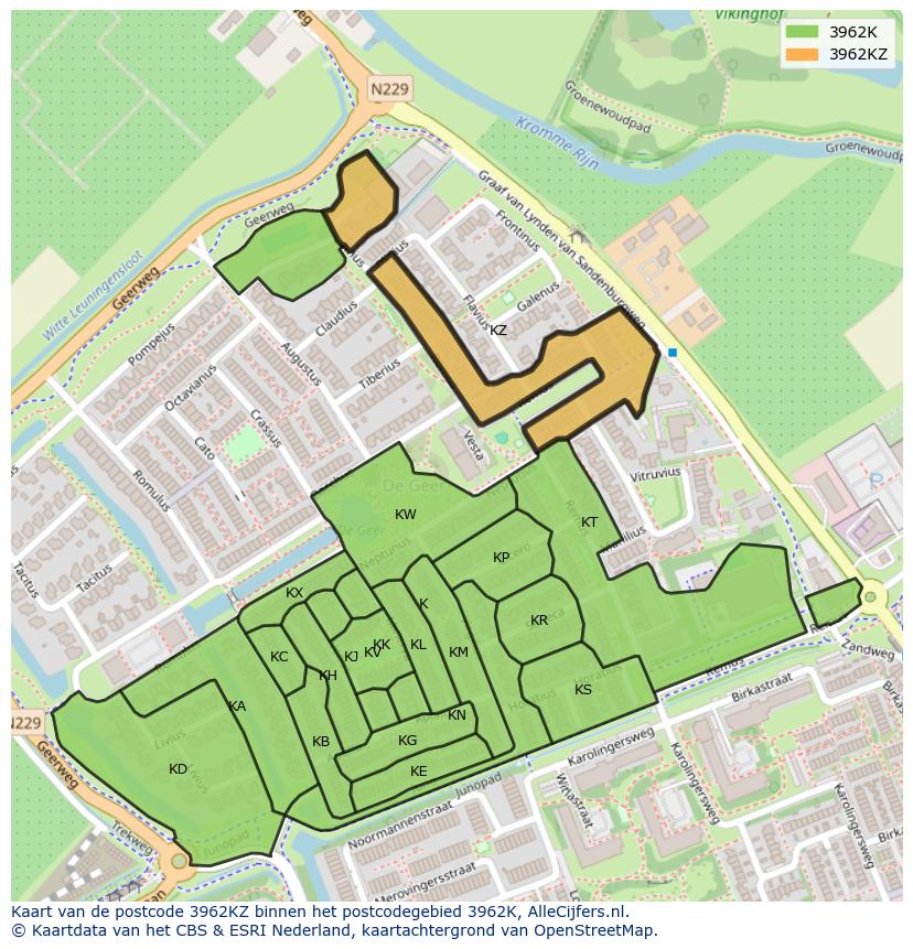 Afbeelding van het postcodegebied 3962 KZ op de kaart.