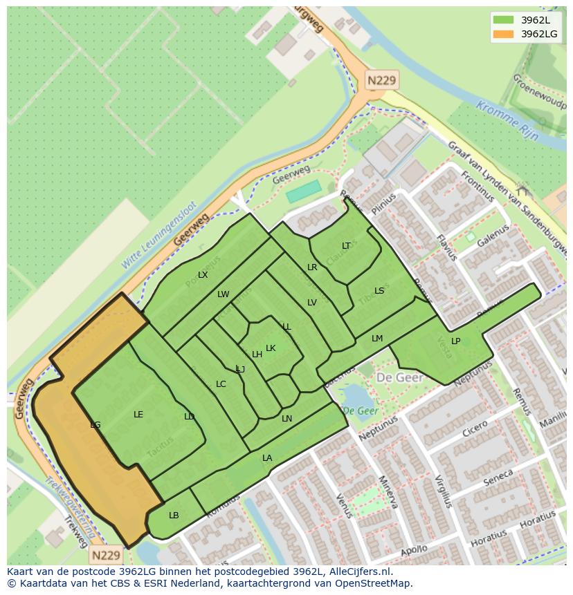 Afbeelding van het postcodegebied 3962 LG op de kaart.