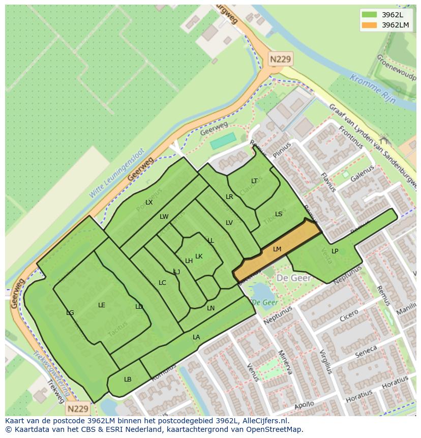 Afbeelding van het postcodegebied 3962 LM op de kaart.