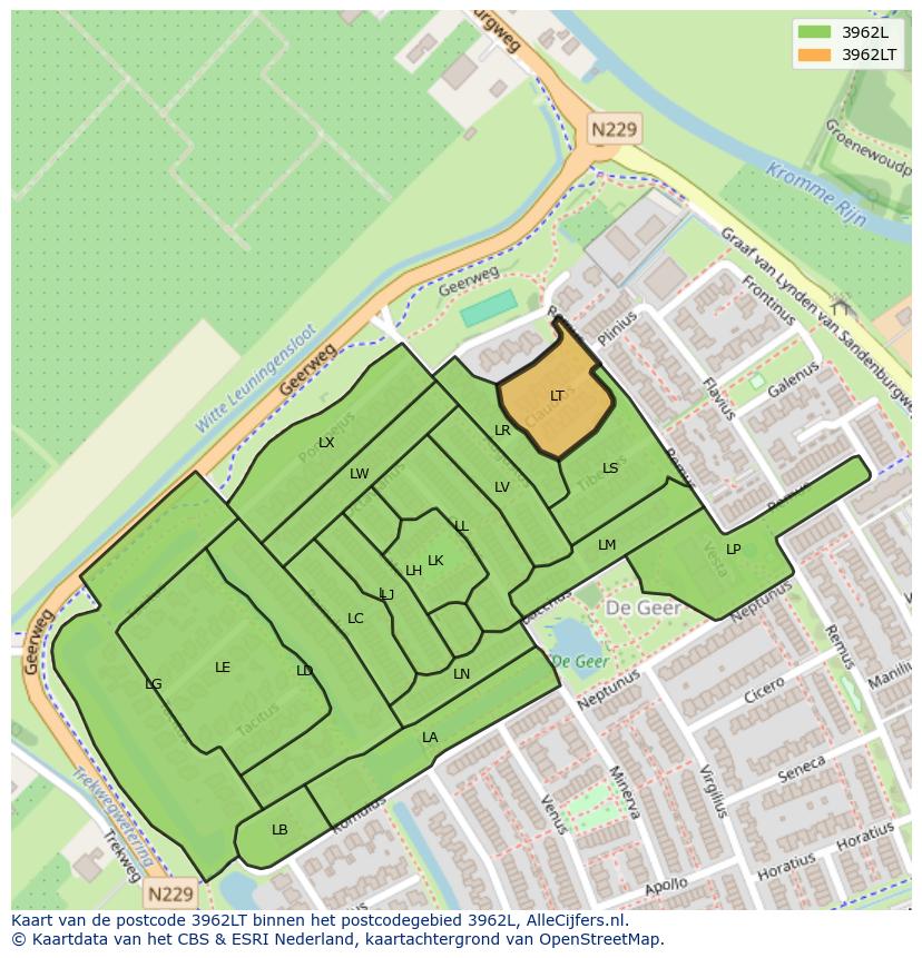 Afbeelding van het postcodegebied 3962 LT op de kaart.