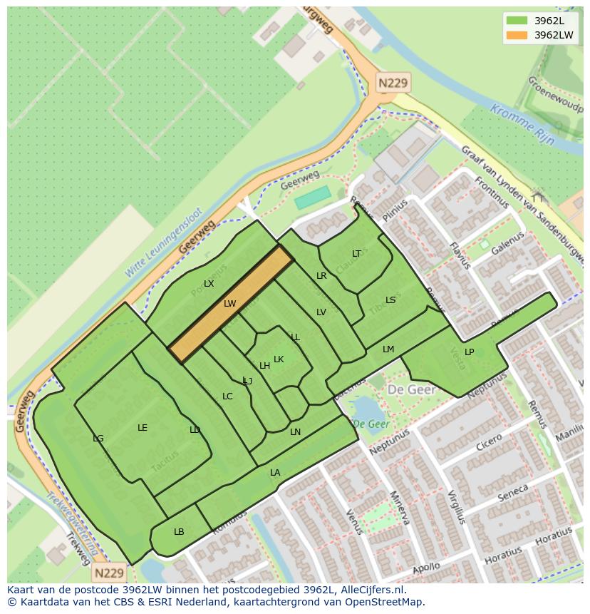 Afbeelding van het postcodegebied 3962 LW op de kaart.
