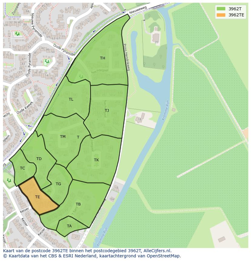 Afbeelding van het postcodegebied 3962 TE op de kaart.