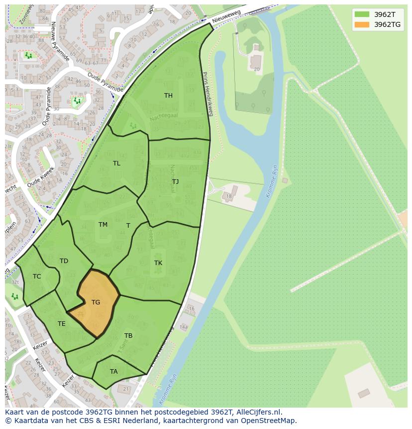 Afbeelding van het postcodegebied 3962 TG op de kaart.