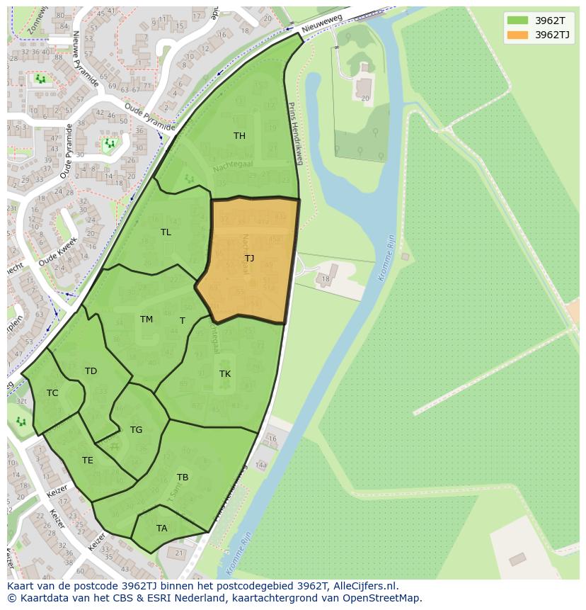 Afbeelding van het postcodegebied 3962 TJ op de kaart.