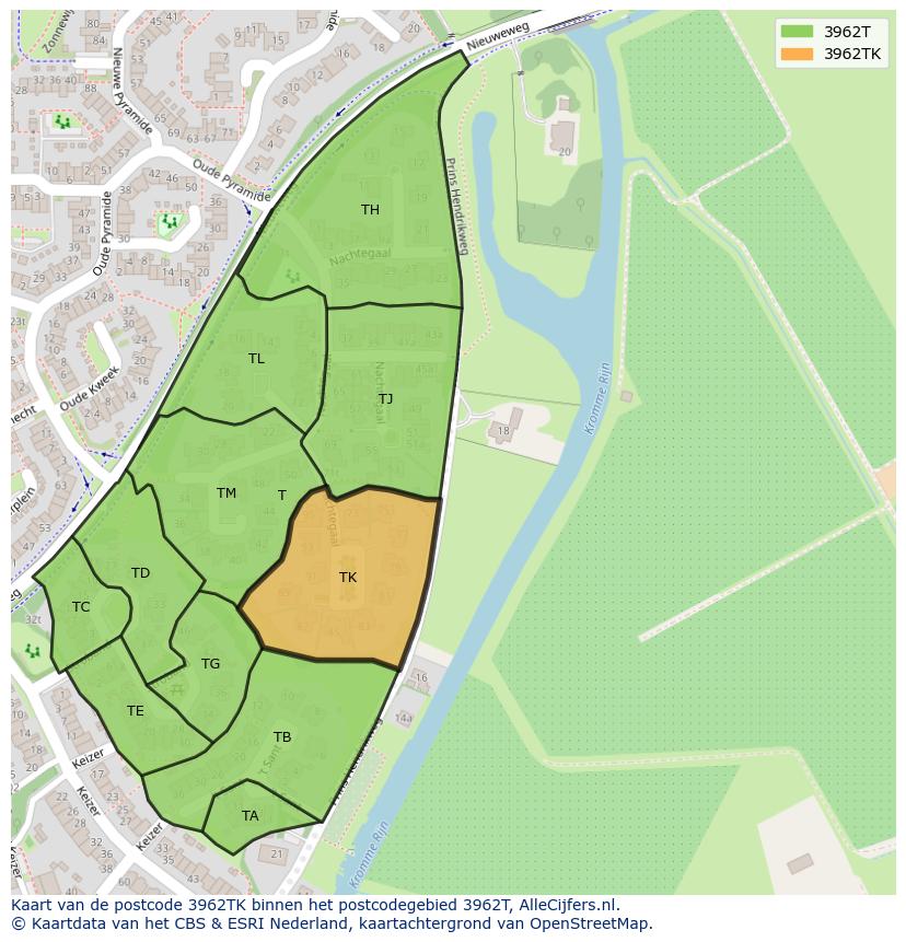 Afbeelding van het postcodegebied 3962 TK op de kaart.