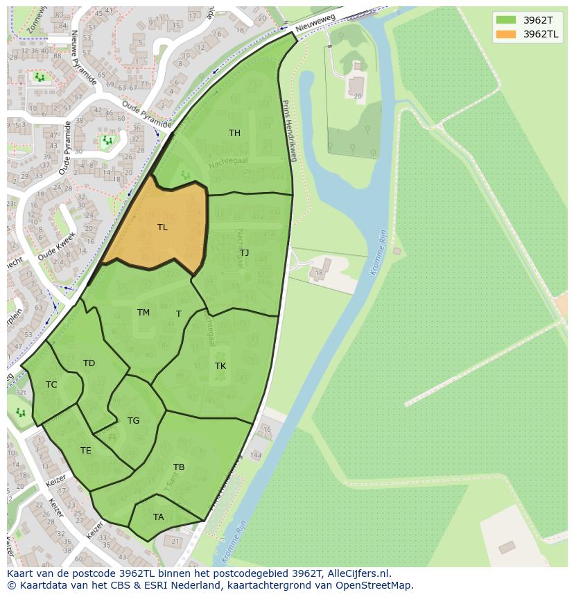 Afbeelding van het postcodegebied 3962 TL op de kaart.