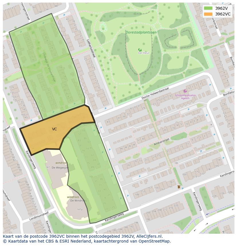 Afbeelding van het postcodegebied 3962 VC op de kaart.
